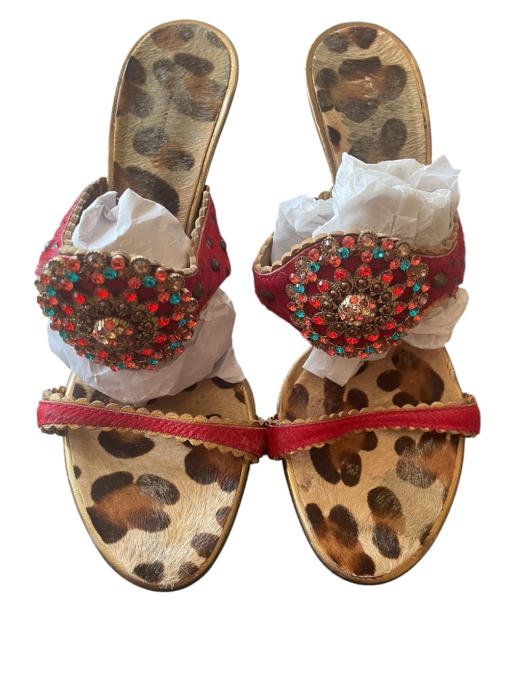 Giuseppe Zanotti Red Jeweled Slide Sandals with Leopard Insole